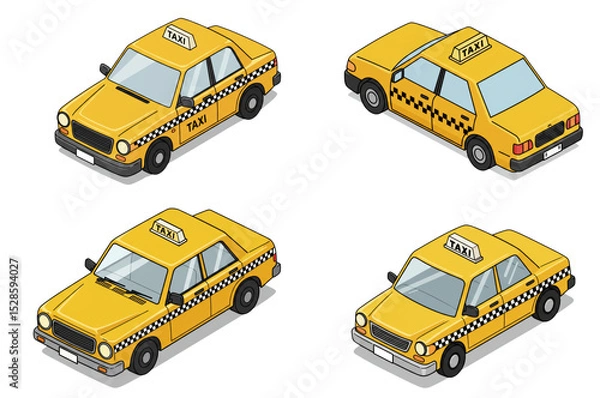 Fototapeta Isometric vector art rendering of four yellow taxi cabs in varying perspectives