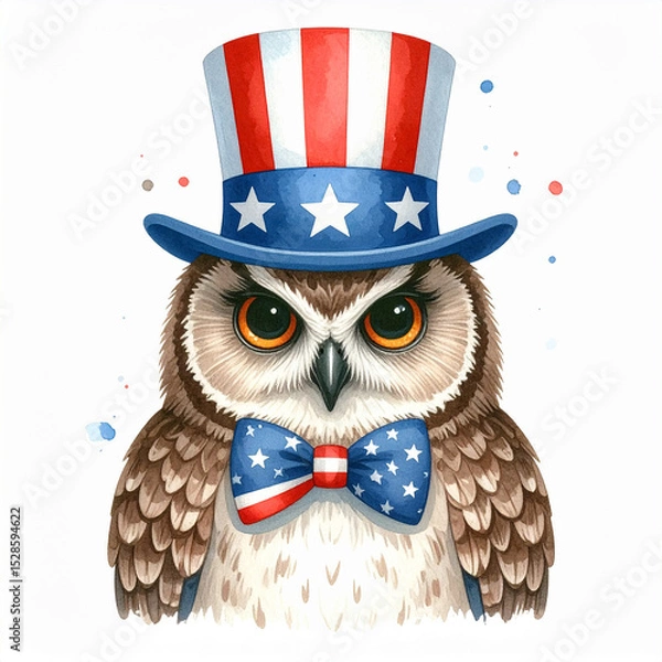 Fototapeta Patriotic Owl Portrait: A majestic owl, adorned in a stylish Uncle Sam hat and bow tie, exudes a sense of national pride and festive cheer.