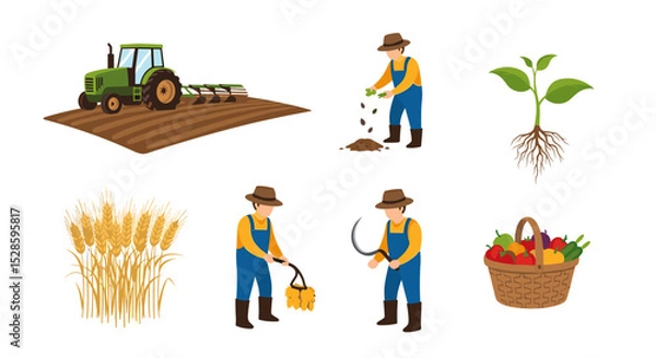 Obraz Farming and agriculture process from plowing to harvesting crops with tractor and farmers illustration