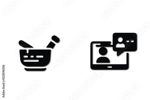 Obraz Online consultation and traditional medicine represented by mortar and pestle and video call.
