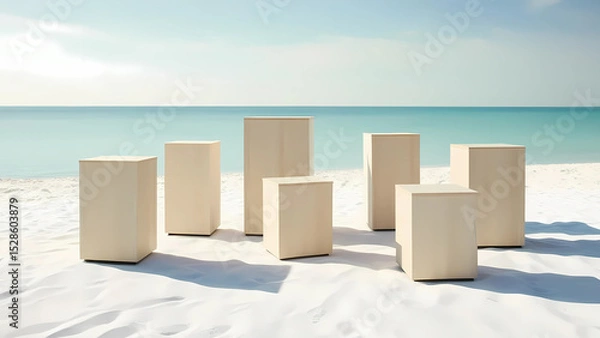 Fototapeta A set of 3 to 5 square podiums of different sizes, arranged in a clean, minimalistic way against a fresh beach-themed backdrop, with soft lighting that enhances the coastal vibe without overwhelming 