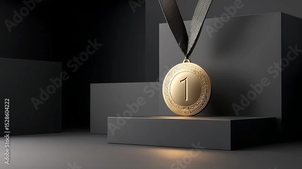 Fototapeta High quality photo of realistic award. Winning medal. Glass 3D mockup. Acrylic design of first place prize. Silver or golden certificate. Competition trophy.