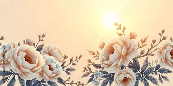 Obraz A border of delicate, light-colored floral blooms and leaves on branches, with a bright sun at the top right, creating a soft, ethereal glow.