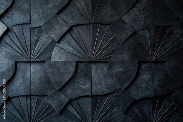 Fototapeta Dark, patterned wall paneling.  Intricate, geometric design of overlapping, fan-shaped tiles.  Deep gray tones create a moody ambiance