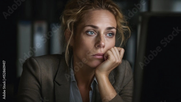 Obraz An over-worked office employee staring absently at her computer. Chin resting on hand. Blank, disintereated expression.