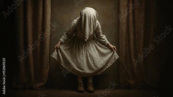 Obraz Theater of the strange, the absurd and macabre. A young girl takes a bow center stage at the end of a play, her identy hidden. Mysterious atmosphere.