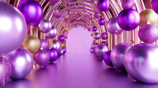 Fototapeta 3D Vibrant Festive Archway with Shiny Purple and Gold Balloons, Sparkling Decorations, Elegant Modern Party Setting, Creative Dreamy Scene for Celebration, Luxury and Glamour