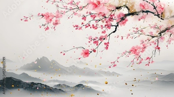 Fototapeta A stunning Japanese inspired wallpaper with soft pink flowers 