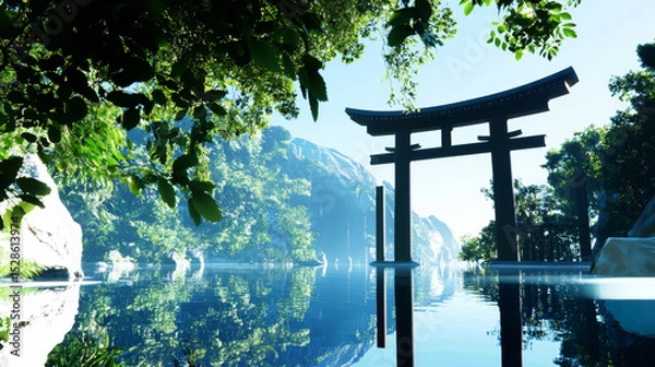 Fototapeta 3D Serene Japanese Torii Gate in Lush Green Landscape with Reflective Calm Waters, Tranquil Mountain Scenery, Peaceful Spiritual Site Surrounded by Nature and Clear Blue Sky