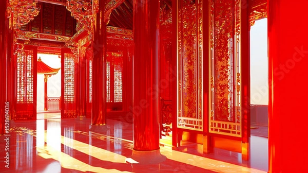 Fototapeta 3D Luxurious Traditional Red and Gold Interior with Ornate Columns, Majestic Architecture, Intricate Cultural Design, Bright Reflective Surfaces and Regal Historical Palace Style