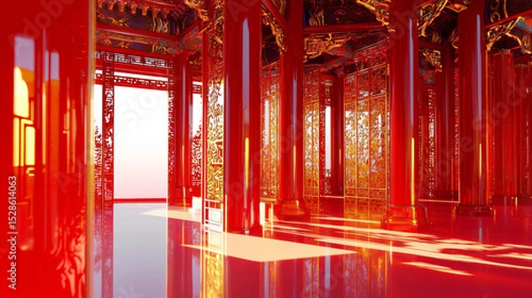 Fototapeta 3D Luxurious Traditional Red and Gold Interior with Ornate Columns, Majestic Architecture, Intricate Cultural Design, Bright Reflective Surfaces and Regal Historical Palace Style
