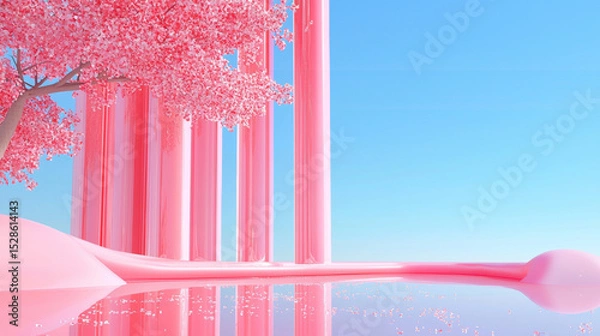 Fototapeta 3D Futuristic Minimalist Landscape with Pink Glass Pillars, Reflections of Vibrant Trees and Tranquil Blue Sky, Surreal Dreamlike Aesthetic, Creative and Elegant Architectural Design