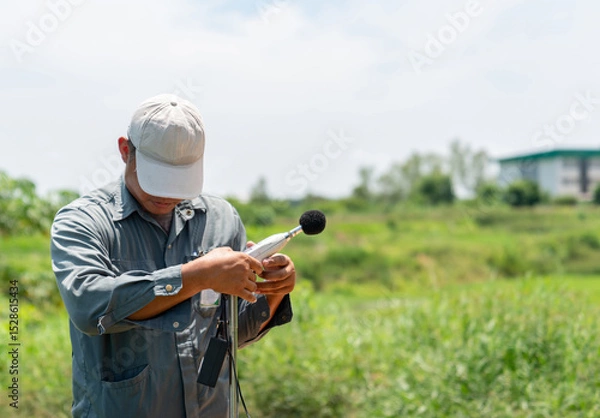 Fototapeta The environmental officer is installing a noise monitoring device outside the factory.