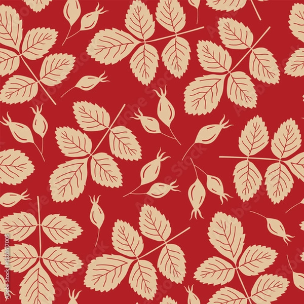 Obraz Abstract rose hip berries vector seamless pattern in beige color on dark red background