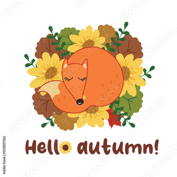 Obraz Autumn vector composition with fox; leaves; sunflowers, herbs and text hello autumn on white background