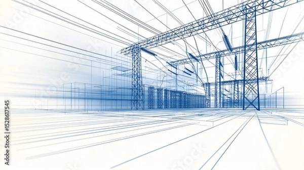 Obraz A site layout blueprint for a power substation with dynamic pen sketches showing installation of steel lattice towers and conductor stringing across insulators