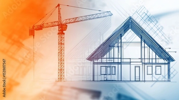 Obraz A split view of a 2D structural blueprint for roof trusses and a 3D motion sketch showing crane lifting and installing truss elements under bright site lighting