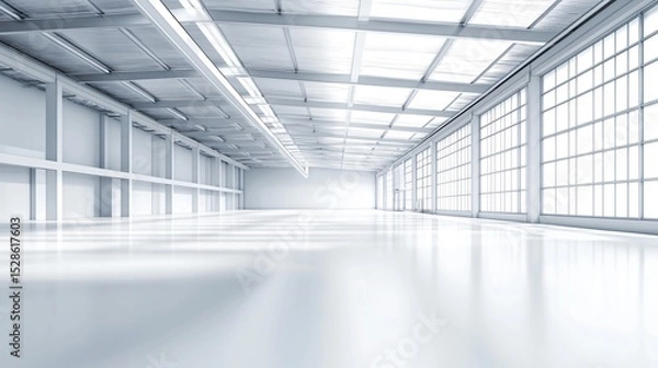 Obraz A warehouse roof framing blueprint overlain by an animated line sketch illustrating purlin attachment and panel sheeting processes under fluorescent shop lights