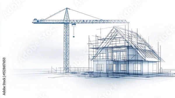 Obraz An exploded blueprint diagram of a load-bearing wall assembly alongside a dynamic pencil sketch of blockwork laying and scaffold erection in a construction zone