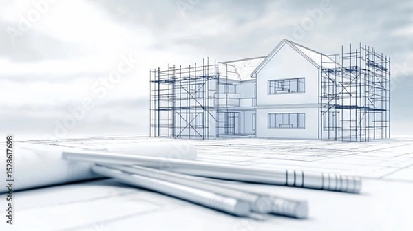 Obraz An exploded blueprint diagram of a load-bearing wall assembly alongside a dynamic pencil sketch of blockwork laying and scaffold erection in a construction zone