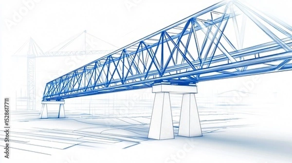 Obraz An isometric blueprint of a conveyor support truss with dynamic charcoal sketch showing connection splice welds and bracket fixing order