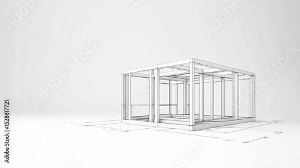 Obraz An isometric blueprint of a light-gauge steel framing system combined with a dynamic line sketch showing panel erection sequence on site