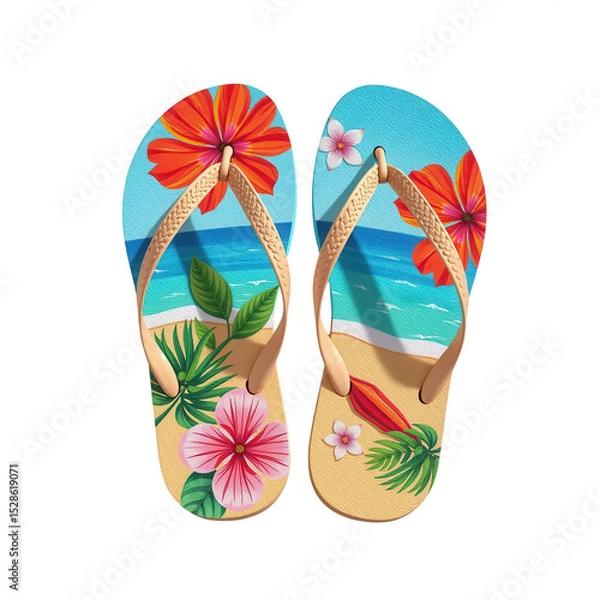 Fototapeta Colorful flip-flops decorated with tropical flowers, palm leaves and a beach scene featuring the ocean and sand.
