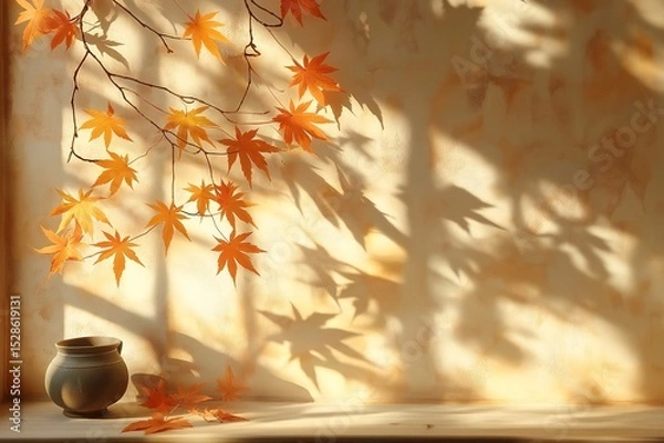 Fototapeta Cozy Autumnal Interior Design. Warm Orange Maple Shadows on Wall Art