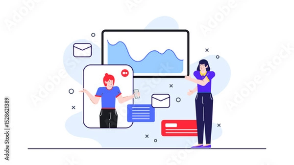 Fototapeta Two women engaged in a virtual meeting. Suitable for illustrating remote work, online communication, virtual meetings, female empowerment content.