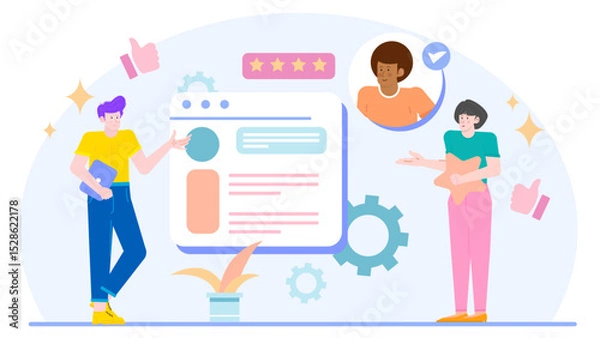 Fototapeta Man and woman discussing positive feedback on a webpage, suitable for business presentations, marketing materials, and website design projects.