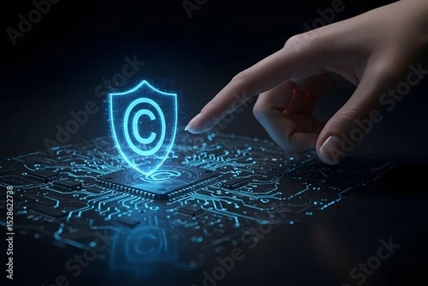 Fototapeta Digital Copyright Protecting Intellectual Property in the Digital Age Technology Concept Illustrated on Processor, Generated AI