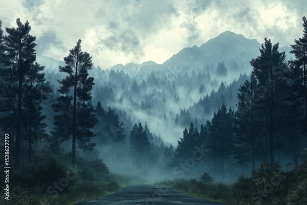Fototapeta Misty Forest Road Between Mountains. A Serene and Mystical Nature Photography Journey Through Dense Fog and Dramatic Skies
