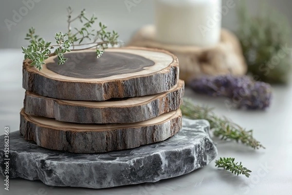 Fototapeta Rustic Wood Coasters and Platters. Natural Materials for Elegant Home Decor and Table Settings