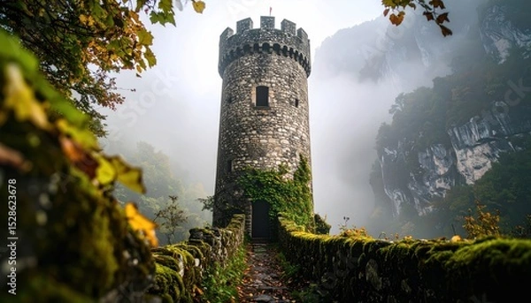 Fototapeta Mystical stone tower surrounded by fog and nature's embrace in autumn