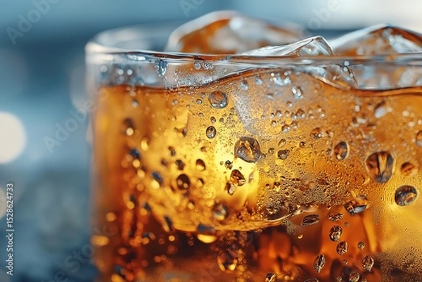 Fototapeta Refreshing Cold Beverage with Ice in Elegant Glass Sparkling Non-Alcoholic Soda for Summer Parties