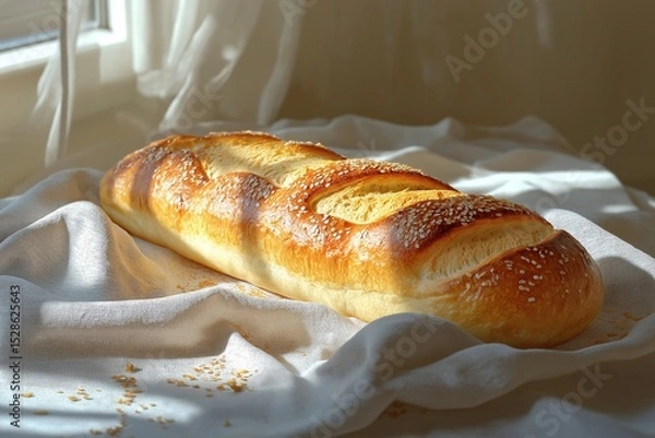 Fototapeta Freshly Baked Artisan Bread Loaf with Sesame Seeds on a Rustic Breakfast Table. Food Photography in Natural Light