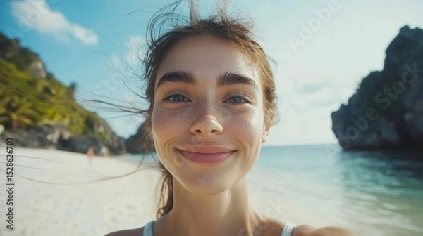 Fototapeta closeup shot of a good looking female tourist. Enjoy free time outdoors near the sea on the beach. Looking at the camera while relaxing on a clear day Poses for travel selfies smiling happy tropical