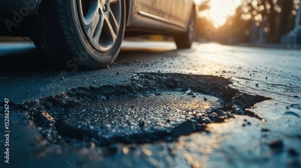 Fototapeta car wheels running and closed up Very bad quality street with potholes. have tree. Damaged asphalt pavement road with potholes in city, dangerous, broken, garage