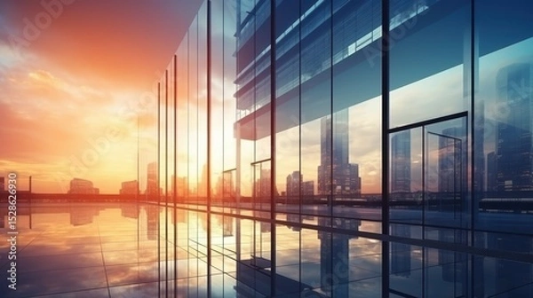Fototapeta Modern office building or business center. High-rise window buildings made of glass reflect the clouds. empty street outside  wall modernity civilization. growing up business