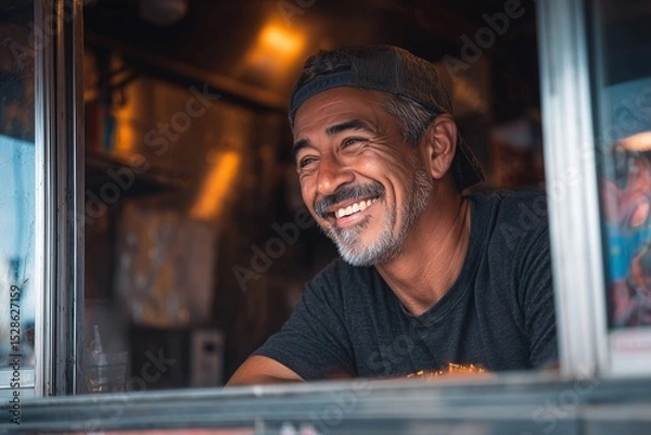 Fototapeta Man smiling inside a food truck