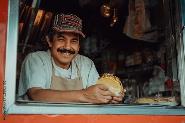 Fototapeta Man smiling inside a food truck