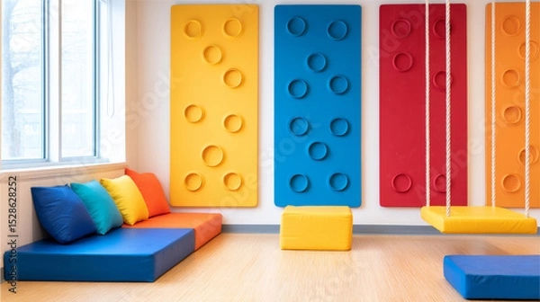 Fototapeta Bright and playful children's room with multicolor panels, cushioned seating, and hanging swings, perfect for a fun and safe playing environment.
