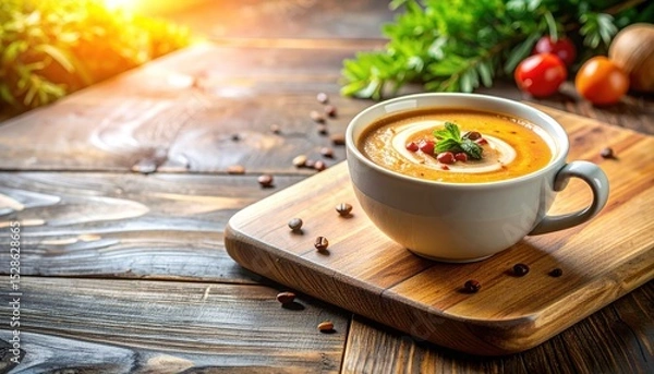 Fototapeta Pumpkin soup with cream swirl on wood serving board in rustic kitchen