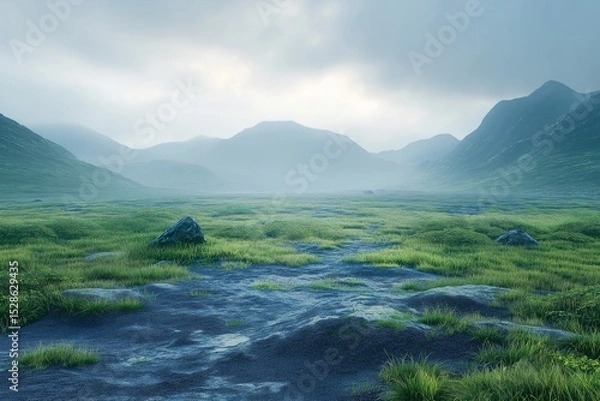 Fototapeta Majestic Mountain Landscape with Misty Skyscape and Lush Greenery Scenic Nature for Tranquil Exploration