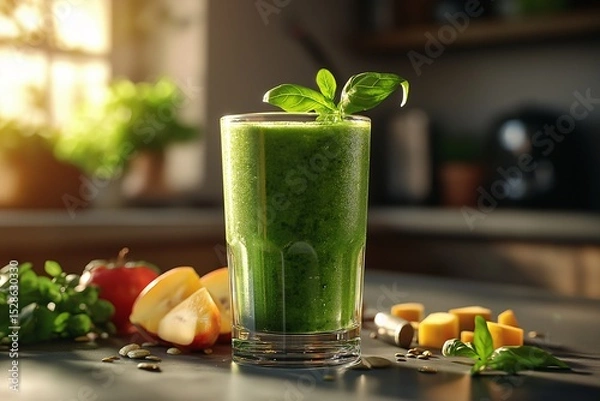 Fototapeta Green Smoothie Bowl with Fresh Ingredients. A Nutritious & Delicious Vegan Detox Drink for a Healthy Lifestyle