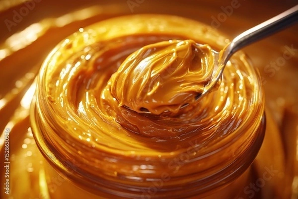 Fototapeta Creamy Peanut Butter Spread in Jar with Spoon Delicious, Nutty, Organic Ingredient for Snacks and Sweet Desserts