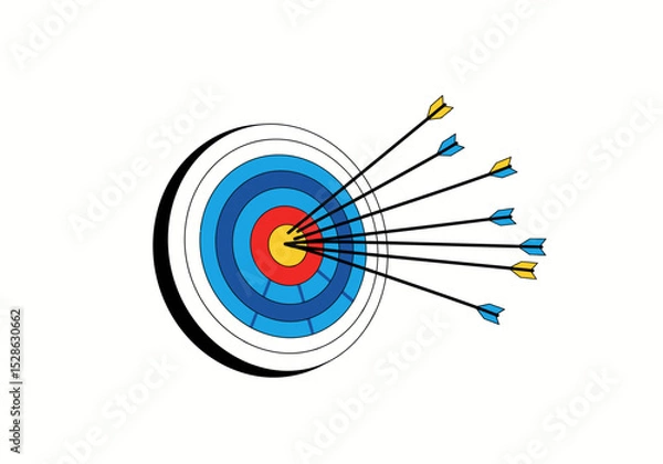 Obraz Target with 7 arrows hitting the bullseye colored rings and a black and white outline