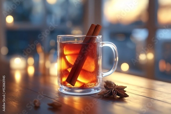 Fototapeta Cozy Autumn Vibes. Aromatic Spiced Tea with Cinnamon and Fruit Slices in Elegant Glass Mug