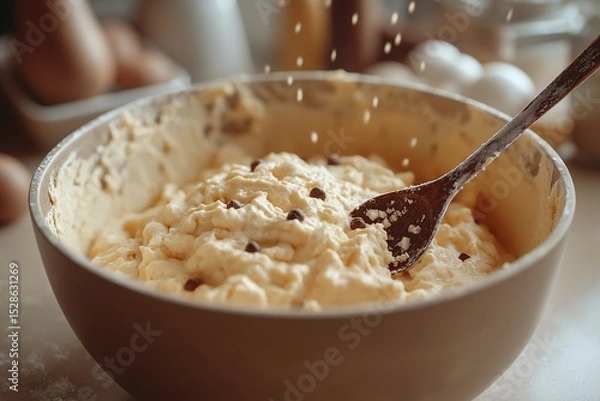 Fototapeta Homemade Delicious Pastry Batter. Mixing Ingredients with Whisk and Wooden Spoon in a Rustic Kitchen, Perfect for Hygge Cooking and Sweet Treats