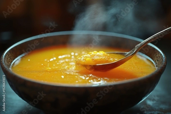 Fototapeta Hot Steaming Homemade Vegetable Soup in Rustic Bowl with Spoon Comfort Food Recipe in Natural Light